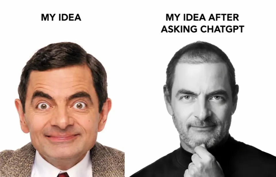 Meme: 'Mi idea' representada por una cara cómica versus 'Mi idea después de preguntarle a ChatGPT', la misma cara retratada como un visionario al estilo Steve Jobs